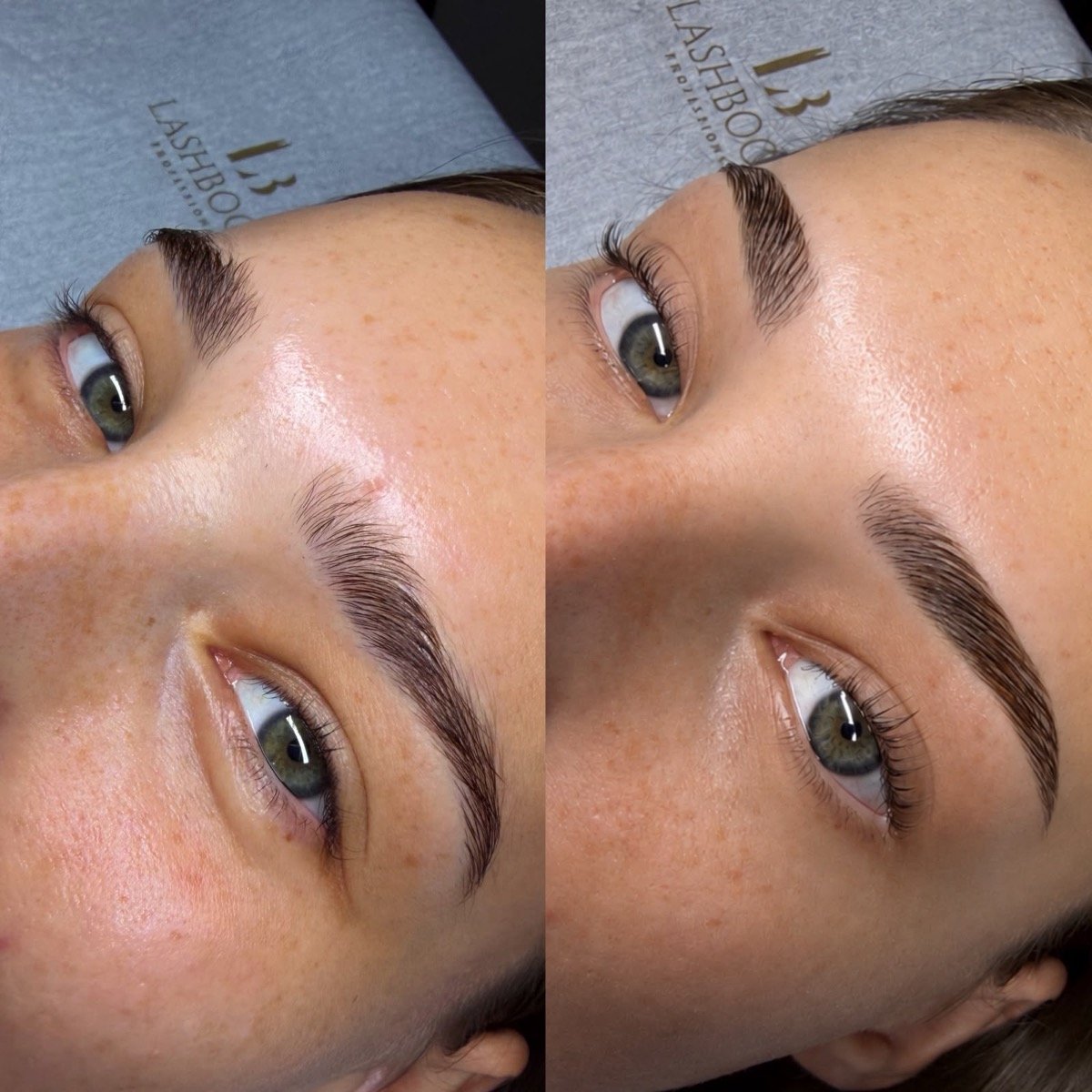 Vorher und nachher: Augenbrauen vor und nach dem Browlifting, dazu geliftete Wimpern